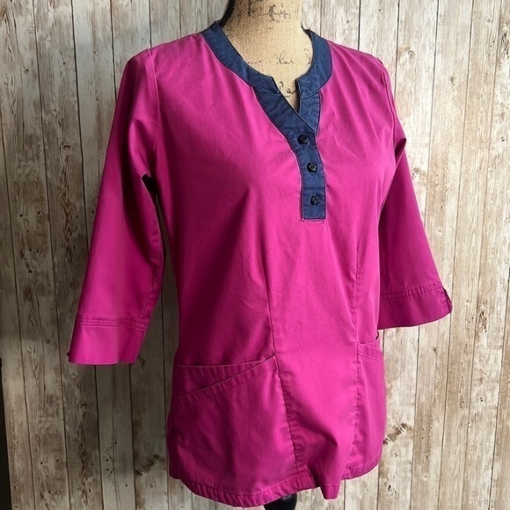 Butter Soft Stretch Scrubs Pink 3/4 Length Sleeved Top